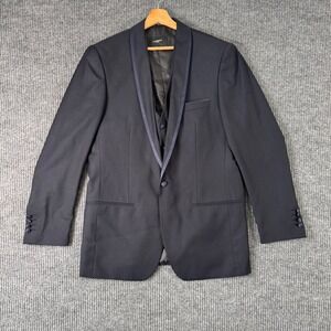 Mens 2pc 42L Navy Blazer Vest & Suit Jacket Shawl Lapel Wool‎ Blend Wedding Prom